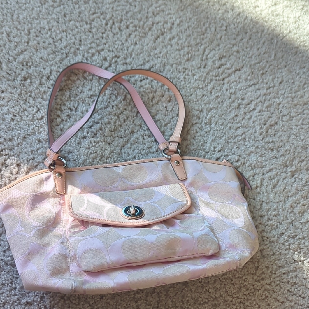 Coach Jacquard Shoulder Tote Bag Pink Beige